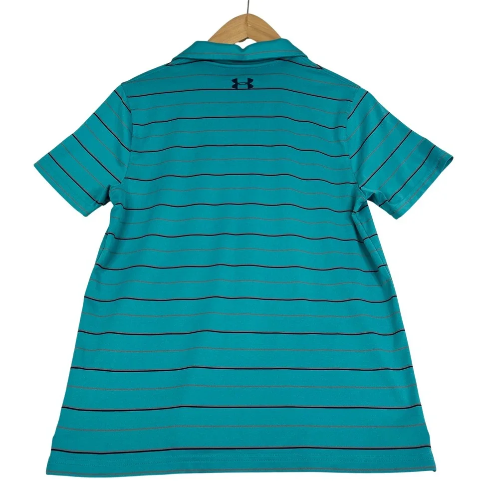 Under Armour Youth Large Teal Blue Striped HeatGear Short Sleeve Polo Shirt